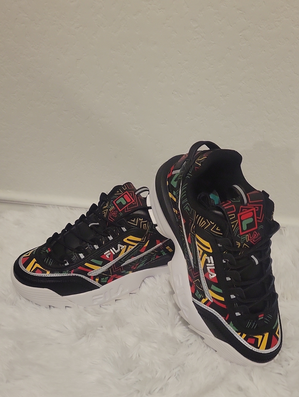 FILA Women's Black Sneakers with Red, Yellow & Green Geometric Accents